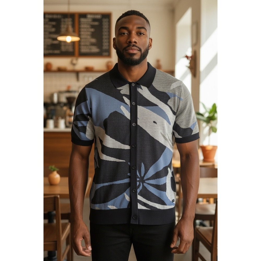 Buffalo David‎ Bitton Knit Coastal M Navy Camo Abstract Button Front Shirt Slv